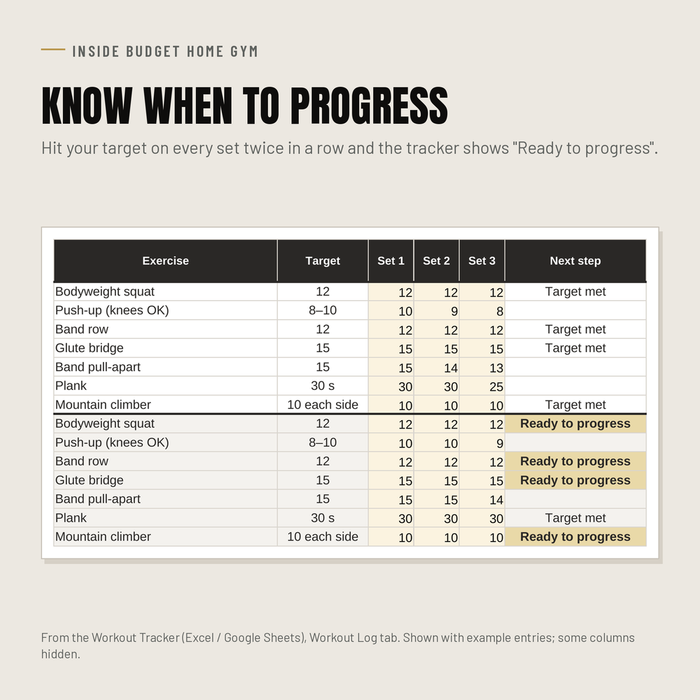 Budget Home Gym tracker log showing 'Ready to progress', shown with example entries