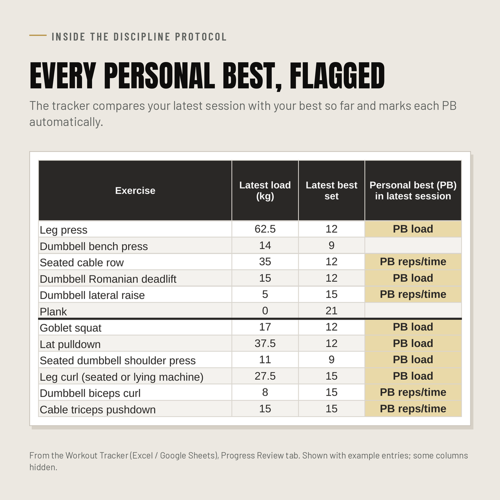 The Discipline Protocol tracker's Progress Review tab, flagging personal bests, shown with example entries